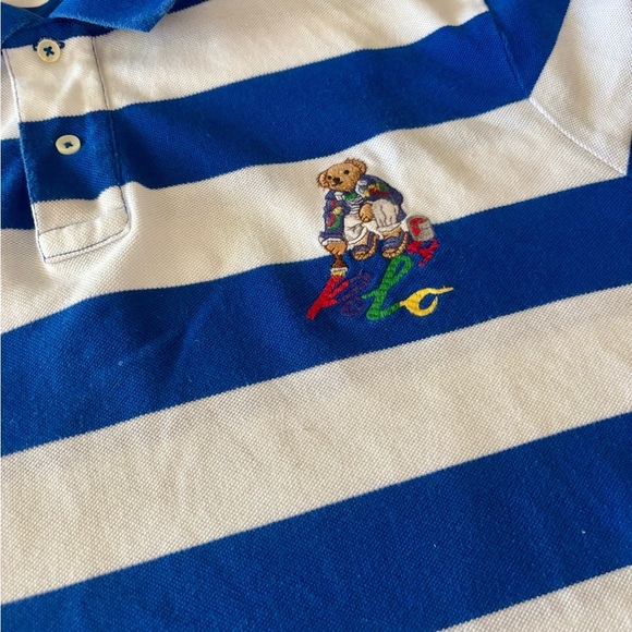 Polo by Ralph Lauren Bear Logo Royal Blue and White Striped Shirt - Picture 4 of 8